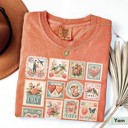 Comfort Colors® Vintage Valentines Shirt Womens Valentine's Day Vibes Shirt Valentine Stamps Shirt Cute Gift for Best Friend Tee Love Shirt