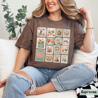 Comfort Colors® Vintage Valentines Shirt Womens Valentine's Day Vibes Shirt Valentine Stamps Shirt Cute Gift for Best Friend Tee Love Shirt