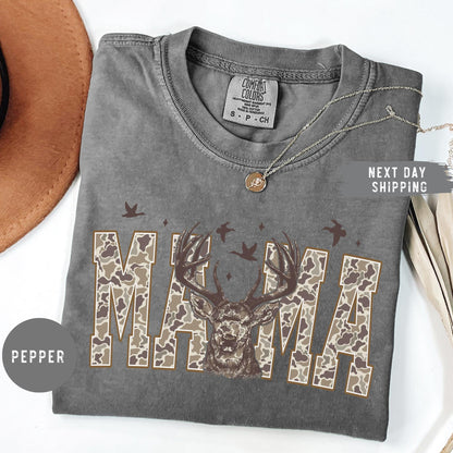 Comfort Colors® Hunting Mama T-Shirt, Camo Mama Shirt, Mother's Day Gift, Camouflage Mama T-Shirt, Varsity Mama Shirt, Retro Mam Shirt