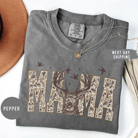 Comfort Colors® Hunting Mama T-Shirt, Camo Mama Shirt, Mother's Day Gift, Camouflage Mama T-Shirt, Varsity Mama Shirt, Retro Mam Shirt