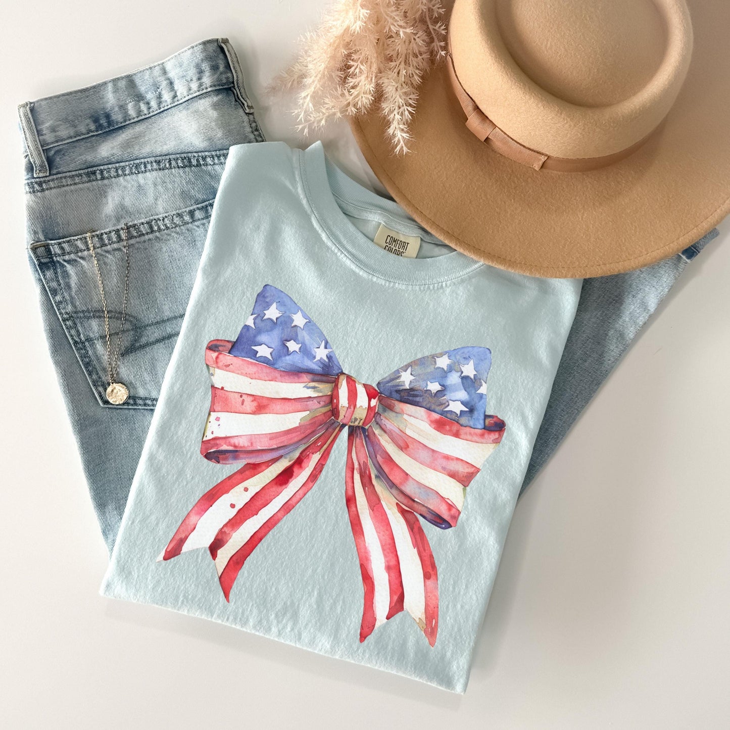Comfort Colors® 4th of July Shirt, Coquette American Flag Shirt, USA Bow Shirt, 4th of July Tee, Women's Patriotic Shirt, Red White and Blue