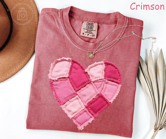 Comfort Colors® Faux Patchwork Heart Shirt, Valentines Day Shirt, Pink Heart Shirt, Valentine Gift for Her, Coquette Valentine Women's Shirt