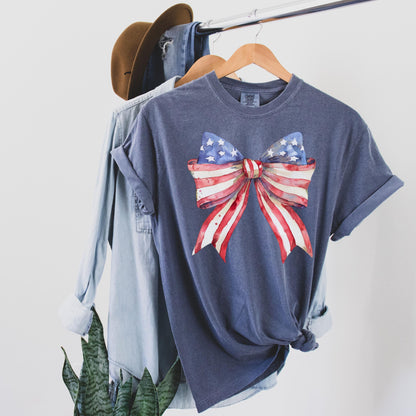 Comfort Colors® 4th of July Shirt, Coquette American Flag Shirt, USA Bow Shirt, 4th of July Tee, Women's Patriotic Shirt, Red White and Blue