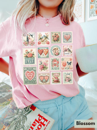 Comfort Colors® Vintage Valentines Shirt Womens Valentine's Day Vibes Shirt Valentine Stamps Shirt Cute Gift for Best Friend Tee Love Shirt