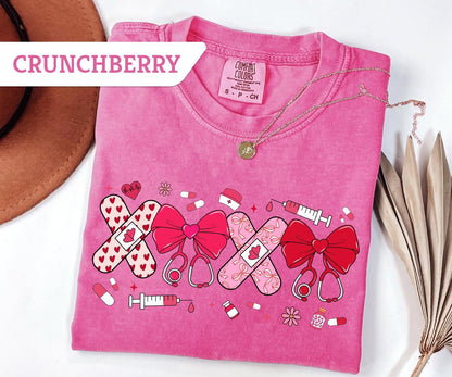Comfort Colors®Xoxo Coquette Stethoscope T-Shirt, Nurse Valentines Day Sweatshirt, Valentines Day Gifts, Pink Hearts Coquette Bow Nurse Tee
