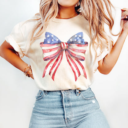 Comfort Colors® 4th of July Shirt, Coquette American Flag Shirt, USA Bow Shirt, 4th of July Tee, Women's Patriotic Shirt, Red White and Blue