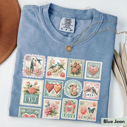Comfort Colors® Vintage Valentines Shirt Womens Valentine's Day Vibes Shirt Valentine Stamps Shirt Cute Gift for Best Friend Tee Love Shirt