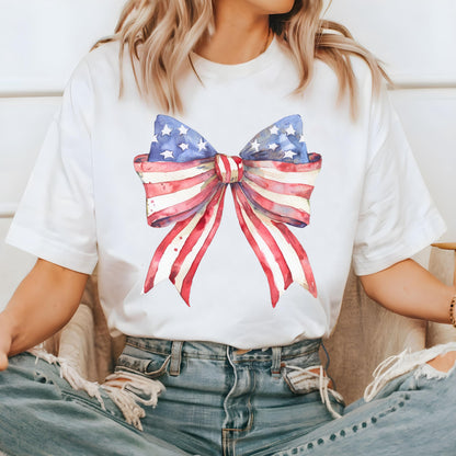 Comfort Colors® 4th of July Shirt, Coquette American Flag Shirt, USA Bow Shirt, 4th of July Tee, Women's Patriotic Shirt, Red White and Blue