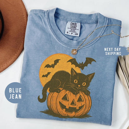 Comfort Colors® Black Cat Halloween Shirt, Nostalgic Halloween Shirt, Trendy Halloween Tee, Gift For Halloween, Vintage Cat Halloween Shirt