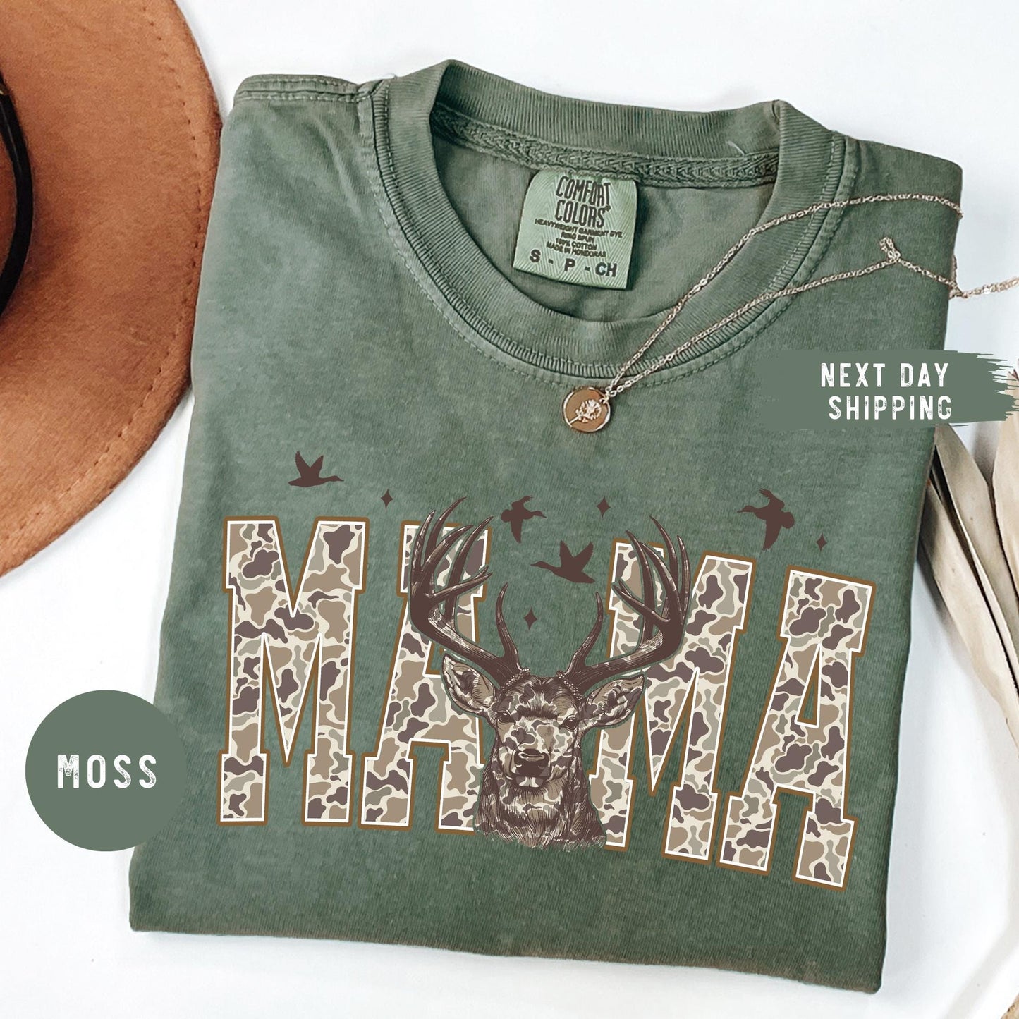 Comfort Colors® Hunting Mama T-Shirt, Camo Mama Shirt, Mother's Day Gift, Camouflage Mama T-Shirt, Varsity Mama Shirt, Retro Mam Shirt