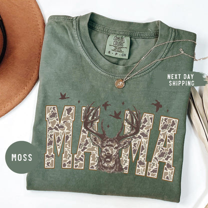 Comfort Colors® Hunting Mama T-Shirt, Camo Mama Shirt, Mother's Day Gift, Camouflage Mama T-Shirt, Varsity Mama Shirt, Retro Mam Shirt