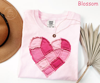 Comfort Colors® Faux Patchwork Heart Shirt, Valentines Day Shirt, Pink Heart Shirt, Valentine Gift for Her, Coquette Valentine Women's Shirt