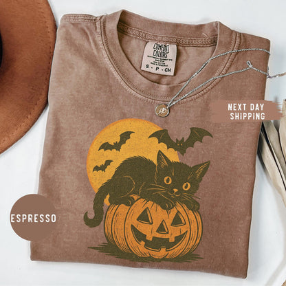 Comfort Colors® Black Cat Halloween Shirt, Nostalgic Halloween Shirt, Trendy Halloween Tee, Gift For Halloween, Vintage Cat Halloween Shirt