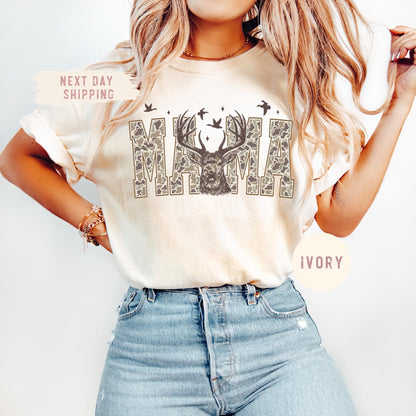 Comfort Colors® Hunting Mama T-Shirt, Camo Mama Shirt, Mother's Day Gift, Camouflage Mama T-Shirt, Varsity Mama Shirt, Retro Mam Shirt