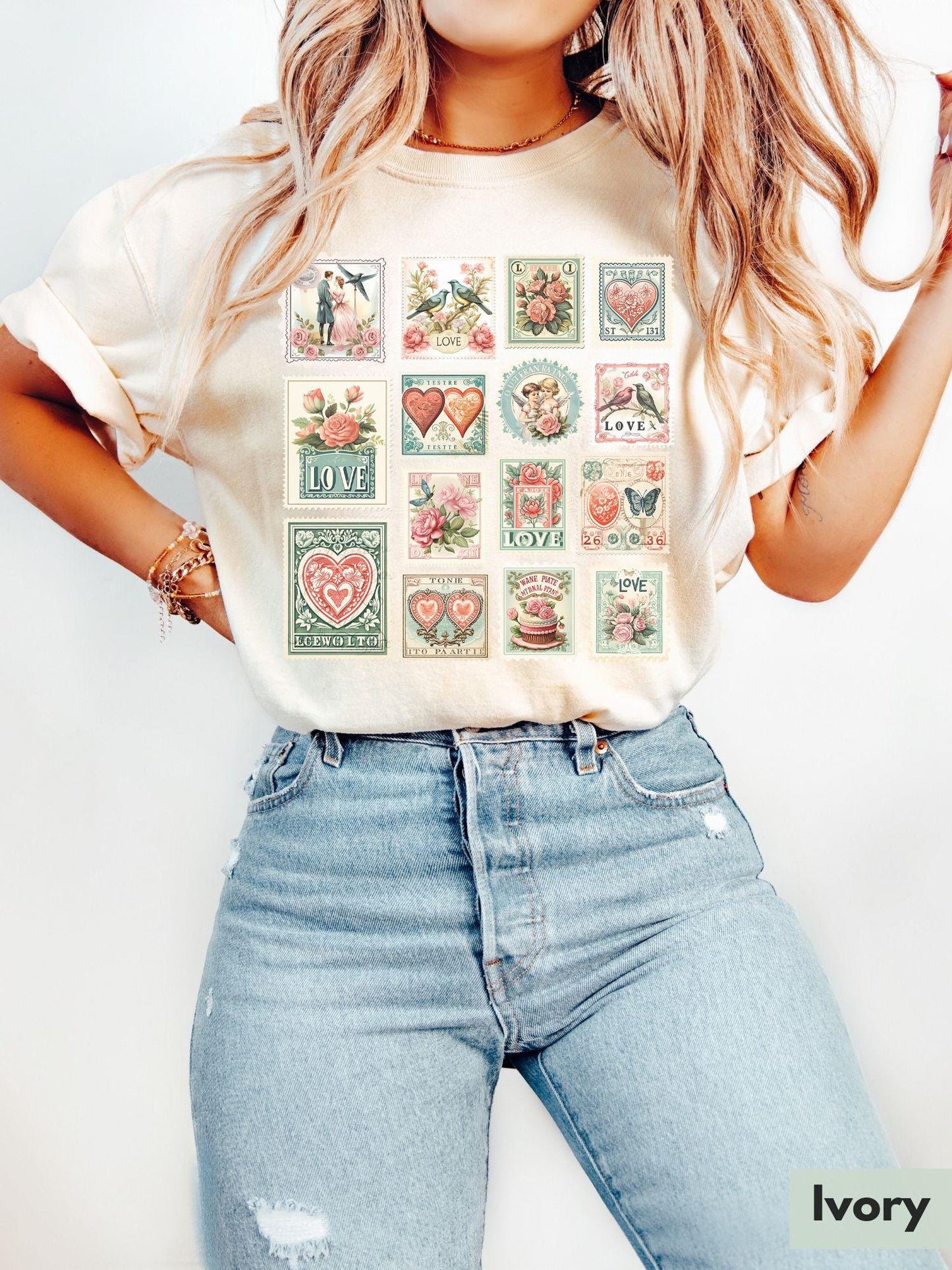 Comfort Colors® Vintage Valentines Shirt Womens Valentine's Day Vibes Shirt Valentine Stamps Shirt Cute Gift for Best Friend Tee Love Shirt