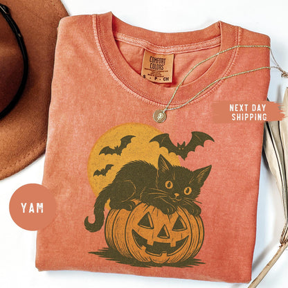 Comfort Colors® Black Cat Halloween Shirt, Nostalgic Halloween Shirt, Trendy Halloween Tee, Gift For Halloween, Vintage Cat Halloween Shirt