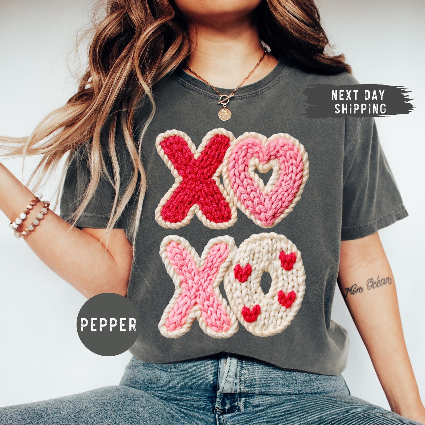 Comfort Color® Faux Yarn XOXO Shirt, Coquette Bow Valentines Tshirt, Valentines Day Shirt, Womens Valentine Tee, Valentine's Day Gift
