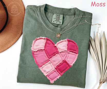 Comfort Colors® Faux Patchwork Heart Shirt, Valentines Day Shirt, Pink Heart Shirt, Valentine Gift for Her, Coquette Valentine Women's Shirt