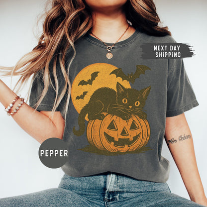 Comfort Colors® Black Cat Halloween Shirt, Nostalgic Halloween Shirt, Trendy Halloween Tee, Gift For Halloween, Vintage Cat Halloween Shirt