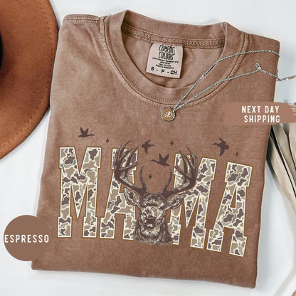 Comfort Colors® Hunting Mama T-Shirt, Camo Mama Shirt, Mother's Day Gift, Camouflage Mama T-Shirt, Varsity Mama Shirt, Retro Mam Shirt