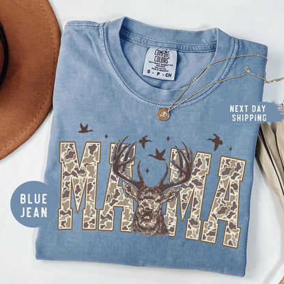 Comfort Colors® Hunting Mama T-Shirt, Camo Mama Shirt, Mother's Day Gift, Camouflage Mama T-Shirt, Varsity Mama Shirt, Retro Mam Shirt