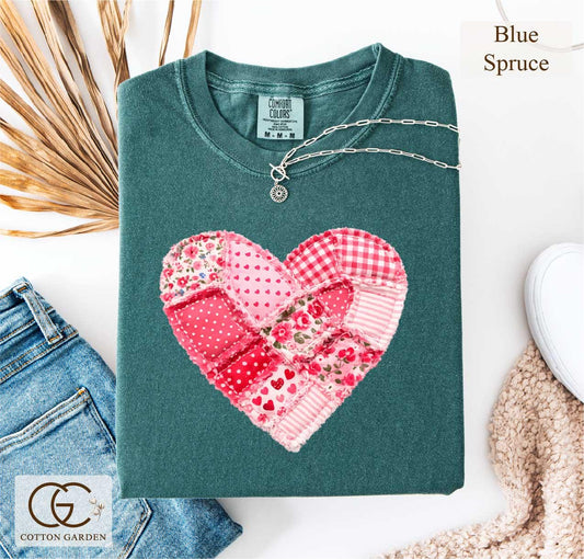Valentine Patchwork Heart Comfort Colors Shirt, Love Aesthetic T-shirt, Cute Romantic Gift Tee, Quilter Valentine Top, Cottogecore Faux Tee