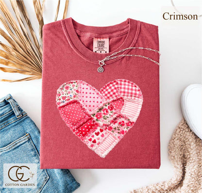 Valentine Patchwork Heart Comfort Colors Shirt, Love Aesthetic T-shirt, Cute Romantic Gift Tee, Quilter Valentine Top, Cottogecore Faux Tee