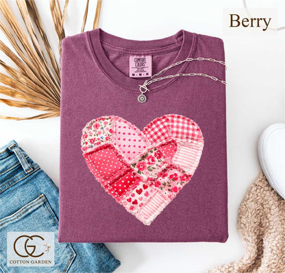 Valentine Patchwork Heart Comfort Colors Shirt, Love Aesthetic T-shirt, Cute Romantic Gift Tee, Quilter Valentine Top, Cottogecore Faux Tee