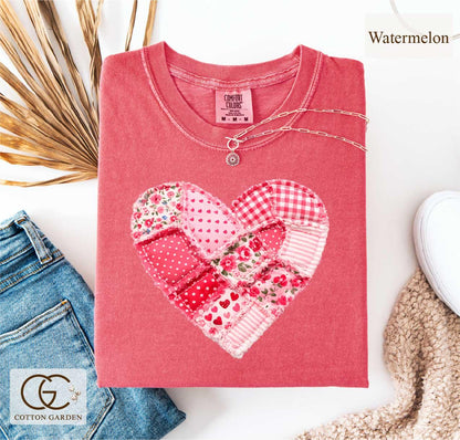 Valentine Patchwork Heart Comfort Colors Shirt, Love Aesthetic T-shirt, Cute Romantic Gift Tee, Quilter Valentine Top, Cottogecore Faux Tee