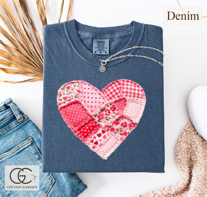 Valentine Patchwork Heart Comfort Colors Shirt, Love Aesthetic T-shirt, Cute Romantic Gift Tee, Quilter Valentine Top, Cottogecore Faux Tee