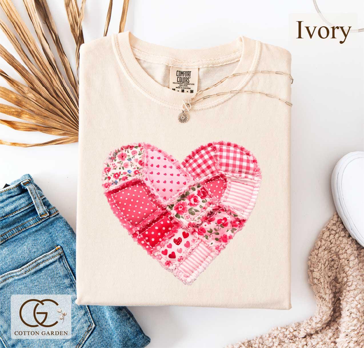 Valentine Patchwork Heart Comfort Colors Shirt, Love Aesthetic T-shirt, Cute Romantic Gift Tee, Quilter Valentine Top, Cottogecore Faux Tee